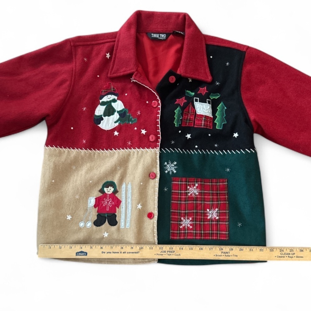 Vintage Take Two Clothing Co Patchwork Wool Blend Winter / Christmas Jacket L - Picture 10 of 11
